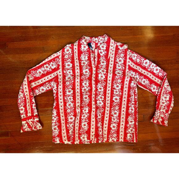 Vintage 60s Lady Marlboro Red White Floral Western Boho Long Sleeve Blouse Small - Picture 1 of 8